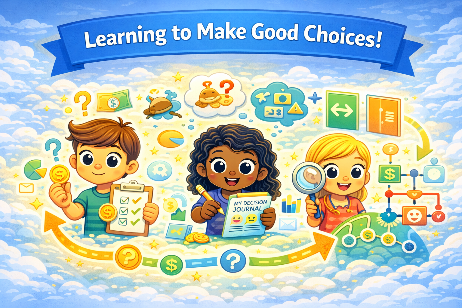 Illustration of three children using coins, charts, a decision journal, and choice symbols to practice probability, reflection, and decision-making tools